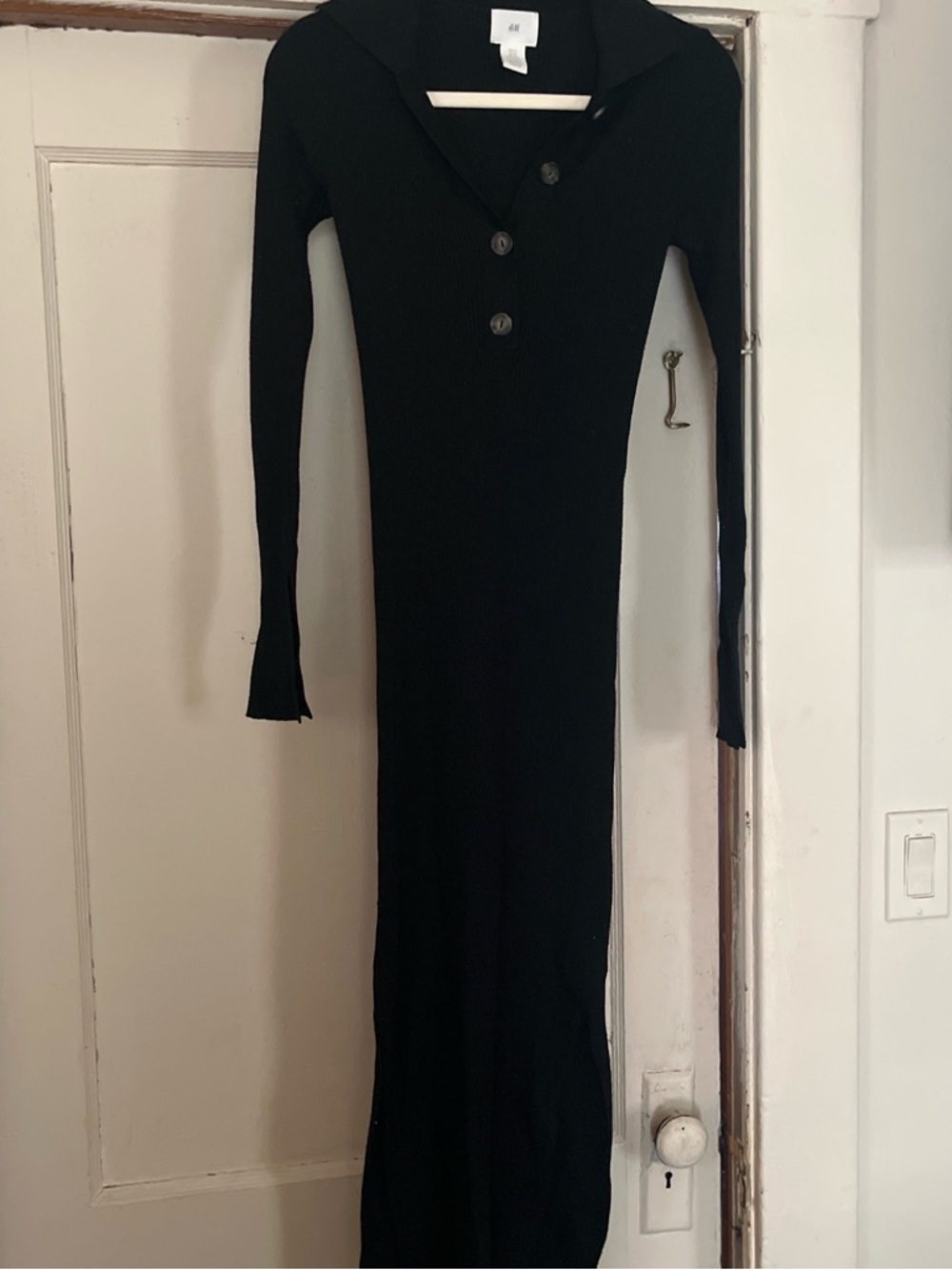 H&M Black Ribbed Maxi Dress with Button V-Neck